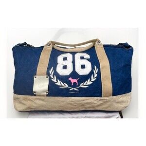 Victoria's Secret Pink Jumbo Blue Beige XL 32”x14” Canvas Duffle Crossbody Bag